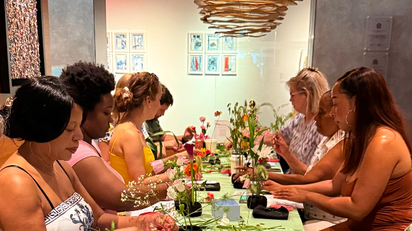 Ikebana workshop class tables at Tephra ICA Saturday Social, Signature Reston Town Center, Virginia